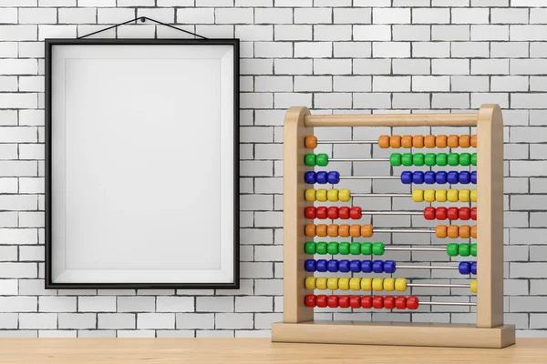 Toy Abacus med regnbågsfärgade pärlor framför tegelvägg wit — Stockfoto