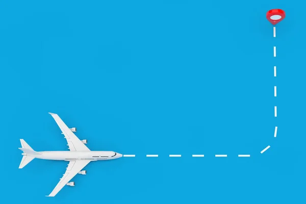 Das Flugzeug des weißen Passagierjets fliegt zu einem Kartenzeiger. 3D-Darstellung — Stockfoto