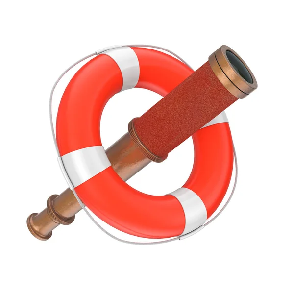 Lifebuoy with Golden Vintage Telescope Spyglass. 3d Rendering — Stock Photo, Image