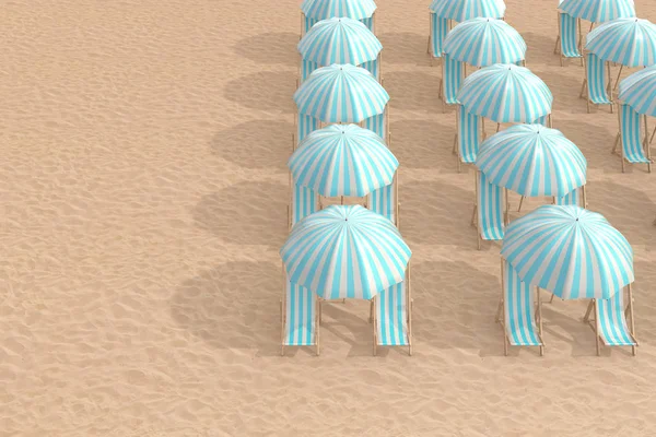 Rows of Striped Blue Beach Chairs with Umbrellas on a Beach Sand — Stock Photo, Image