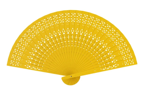 Ventilador de mão de madeira esculpido amarelo. Renderização 3d — Fotografia de Stock