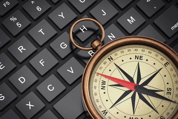 Antique Vintage Brass Compass over Laptop Keyboard. 3d Rendering — Stock Photo, Image