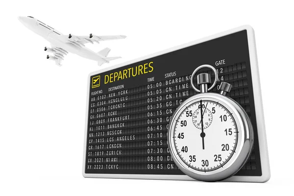 In Time Fly Concept. White Jet Passengers Airplane over Airport