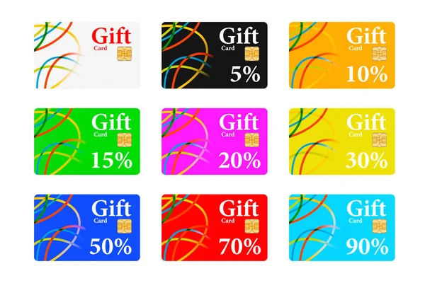 Conjunto de Cartões Presente Multicolor com Chip e Percentagem Diferente — Fotografia de Stock
