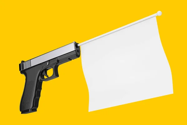 White Blank Flag for Your Design Comming Out from Modern Gun. 3d — Stock Photo, Image