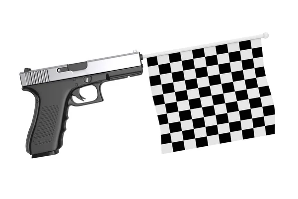 Geruite start en finish vlag comming uit van moderne Gun. 3d — Stockfoto