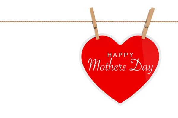 Cœur en papier rouge avec signe de la fête des mères heureuses accroché à une corde. 3. — Photo