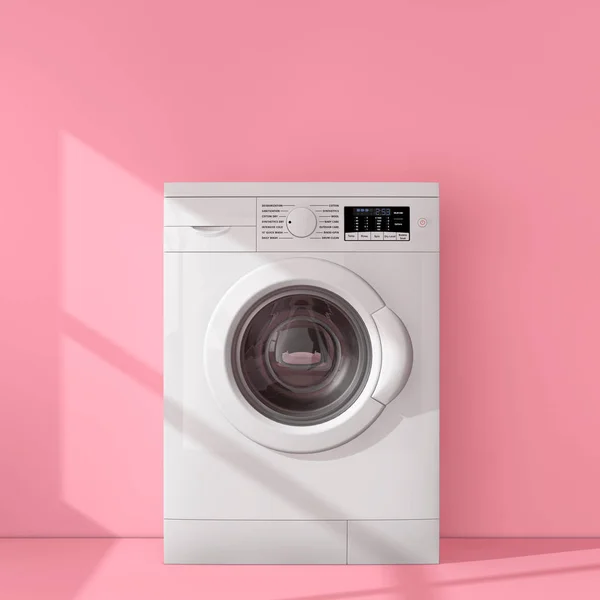 Современная белая стиральная машина в розовой комнате. 3D-рендеринг — стоковое фото