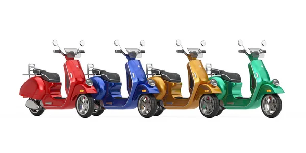 Многоцветные классические винтажные ретро или электрические скутеры. 3d Rend — стоковое фото