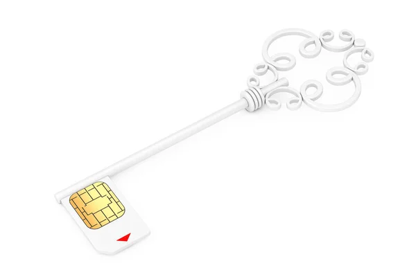 Концепция защиты сим-карт. Белый винтажный ключ с сим-картой. 3d — стоковое фото