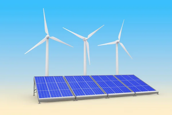Солнечные панели и ветряные турбины. 3D-рендеринг — стоковое фото