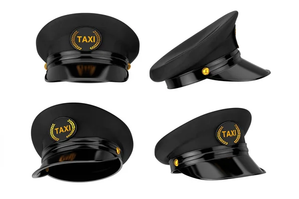 Ensemble de casquettes de chauffeur de taxi noir avec Goldan Cockade et signe de taxi . — Photo