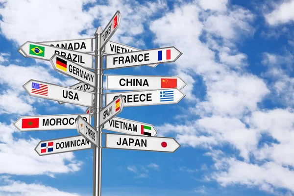 Travel Concept. Signpost with Various Countries Names and Flags. — Stock Photo, Image