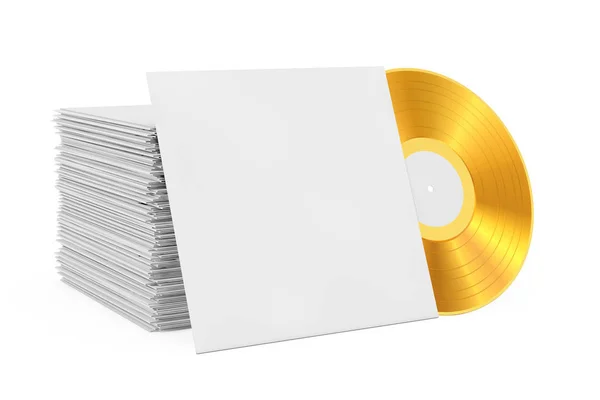 Zlatá stará vinylová nahrávací disketa v prázdném papírovém Pouzdtu s volným místem — Stock fotografie