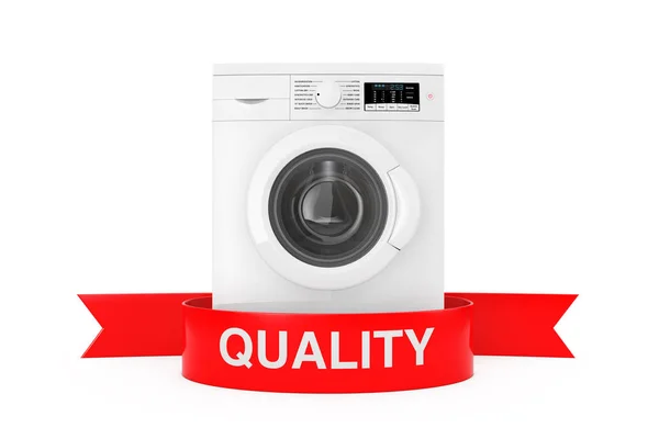 Modern Washing Machine with Red Ribbon Quality Sign (dalam bahasa Inggris). Renderin 3d — Stok Foto