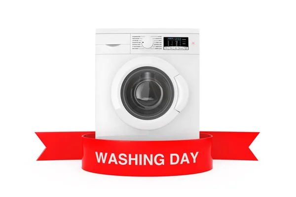 Moderne wasmachine met rode lint wassen dag teken. 3D-rend — Stockfoto