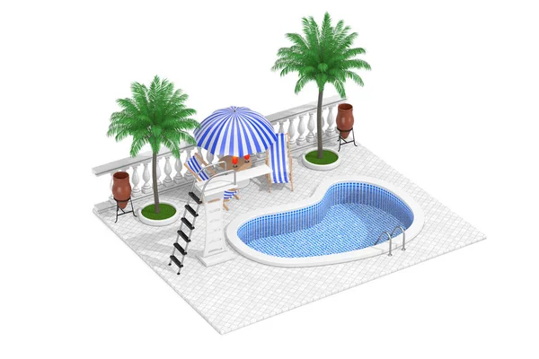 Vacation Concept. Isometric Water Pool, Mini Bar and Palms. 3d R — Stock Photo, Image