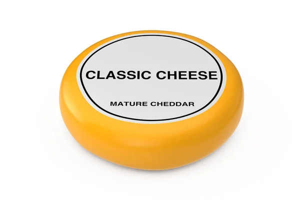 Žluté kolo voskového sýra s etiketou. 3D vykreslování — Stock fotografie