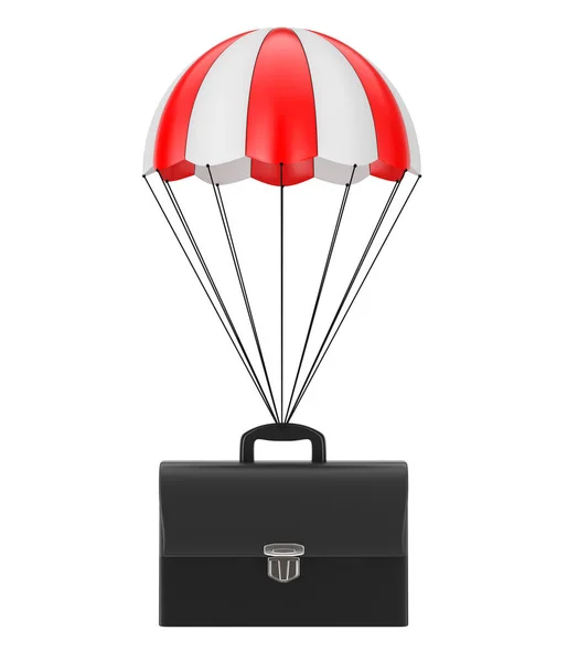 Maletín de cuero negro volando con paracaídas rojo. Renderizado 3d — Foto de Stock
