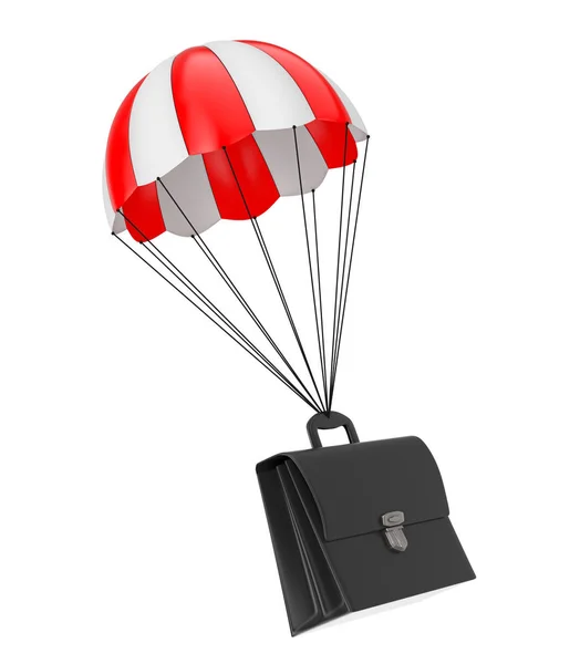 Maletín de cuero negro volando con paracaídas rojo. Renderizado 3d — Foto de Stock