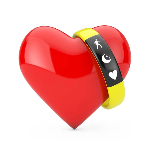 Pulseira Amarelo Fitness Tracker com coração vermelho. Renderização 3d — Fotografia de Stock