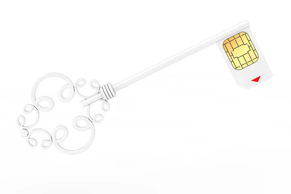 Sim 卡保护概念。白色复古钥匙与Sim卡. 3d — 图库照片