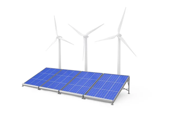 Zonnepanelen en wind turbines. 3D-rendering — Stockfoto