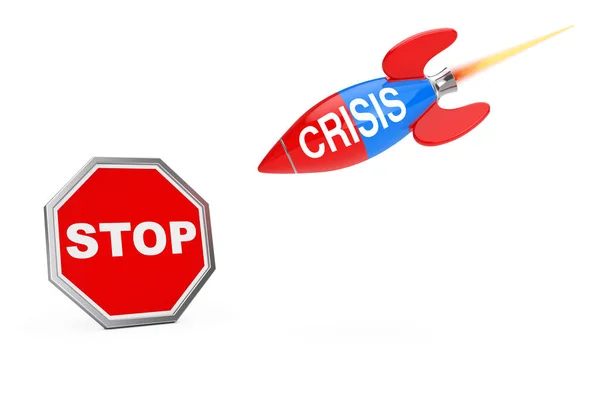 Detener el concepto de crisis. Stop Sign Shield with Crisis Sign Rocket (en inglés). 3. — Foto de Stock