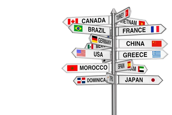 Σχέδιο ταξιδίου. Πινακίδα με ονόματα και σημαίες διαφόρων χωρών. — Φωτογραφία Αρχείου