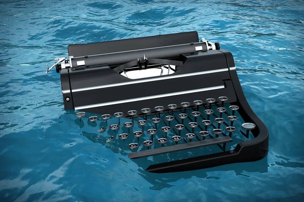 Stary rocznika retro maszyna do pisania w Blue Ocean Waves. Renderowanie 3D — Zdjęcie stockowe