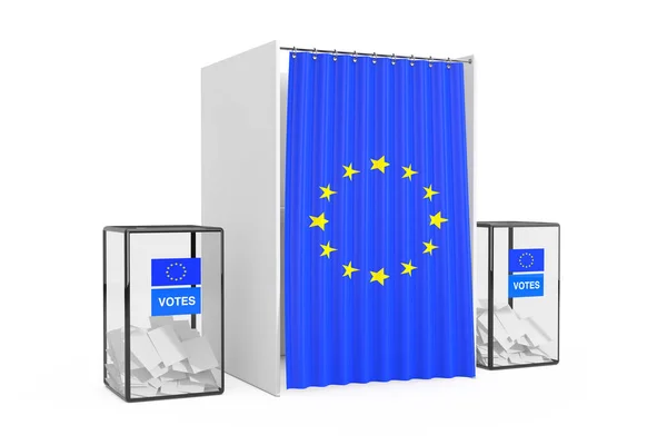 Ballot Boxes near White Voting Booth with Curtain and European U — Stock Photo, Image