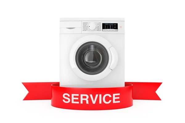 Máquina de lavar moderna com sinal de serviço de fita vermelha. Renderin 3d — Fotografia de Stock