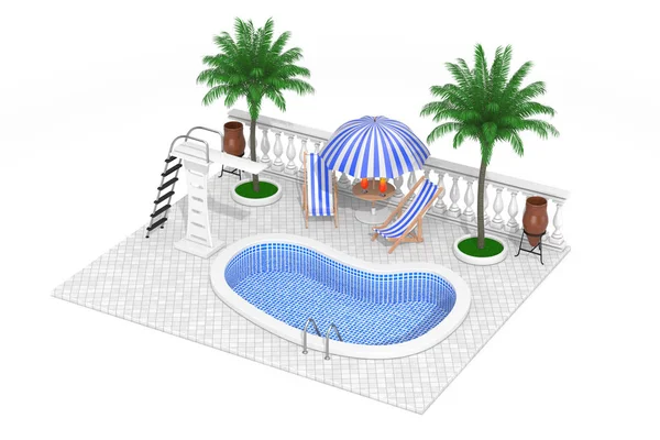 Vacation Concept. Isometric Water Pool, Mini Bar and Palms. 3d R — Stock Photo, Image