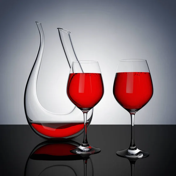 Decantador de cristal de vidro com vinho tinto e dois copos de vinho. 3d re — Fotografia de Stock