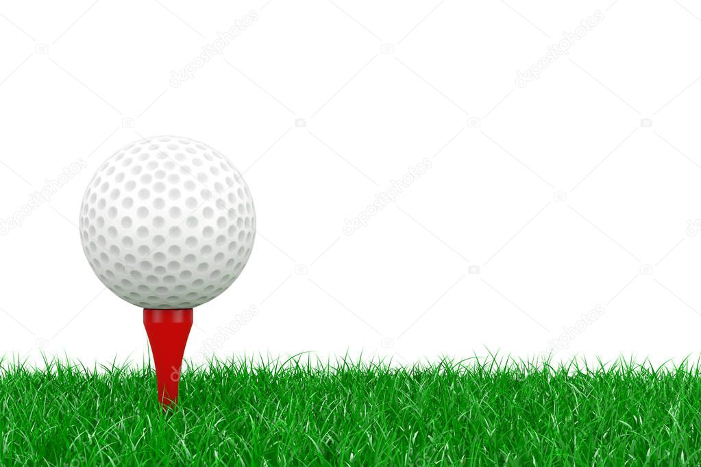 A White Golf Ball on Red Tee in Green Grass. 3d Rendering