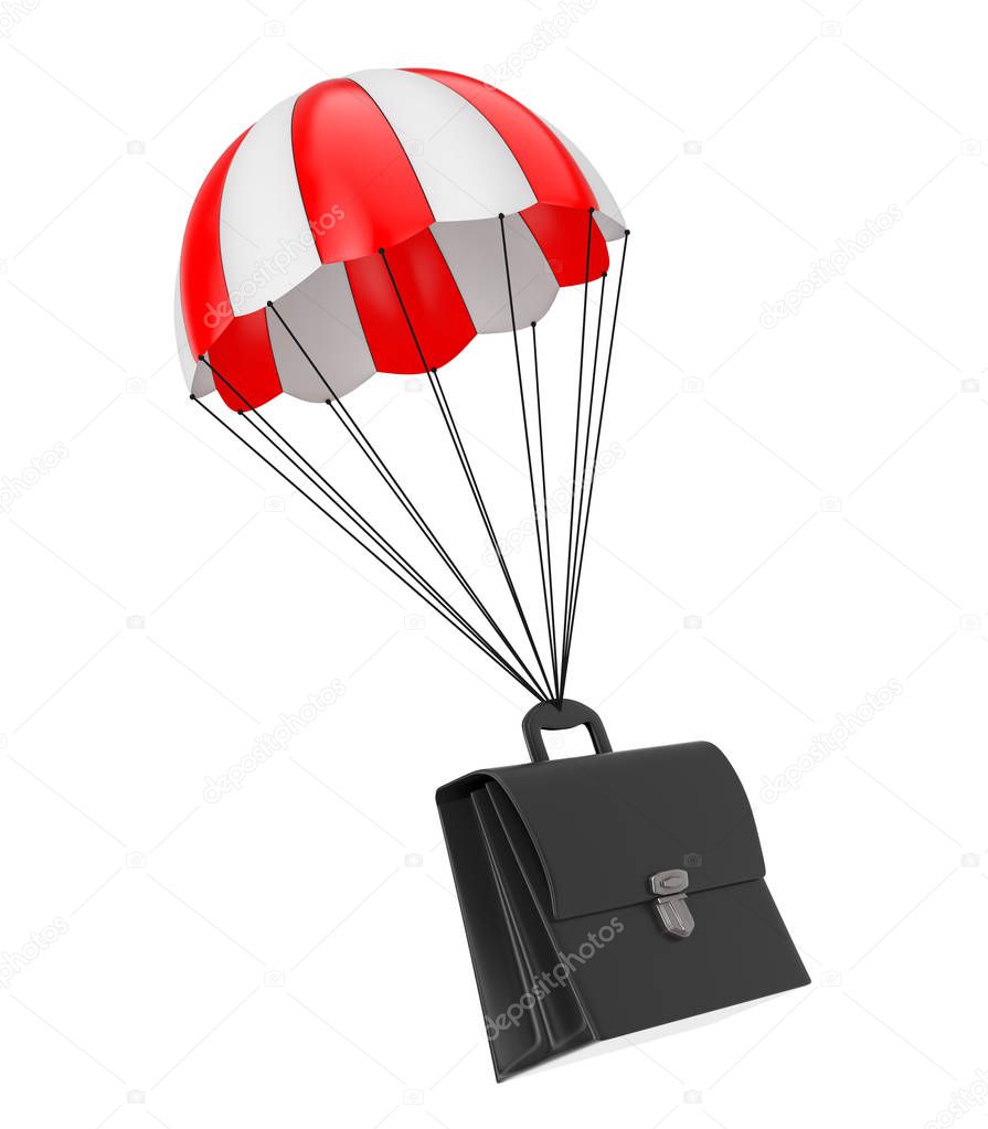 Black Leather Briefcase Flying with Red Parachute. 3d Rendering