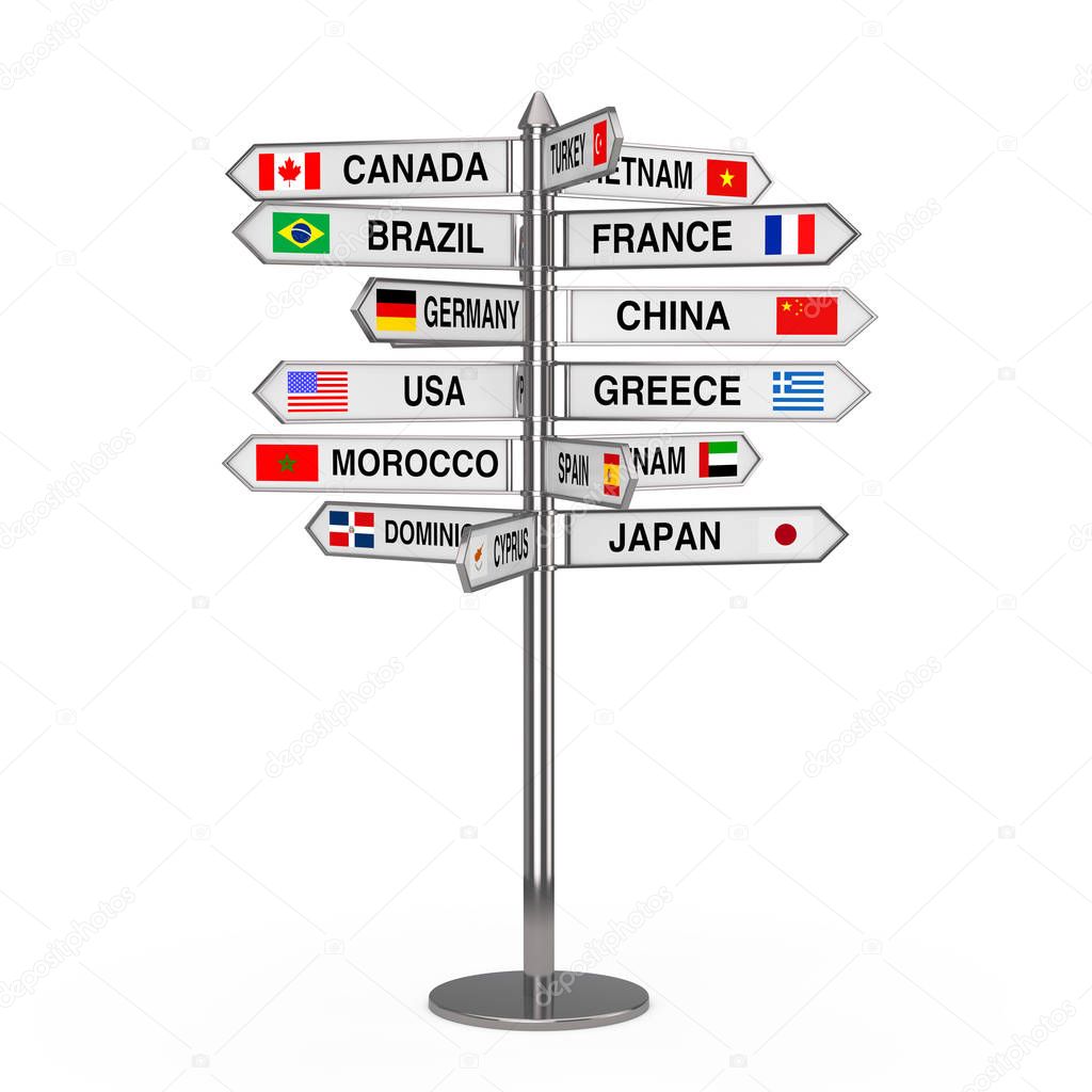 Travel Concept. Signpost with Various Countries Names and Flags.