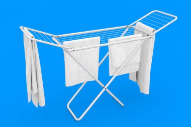 Clothes over White Folding Metal Clothes Drying Rack. 3d Renderi clipart