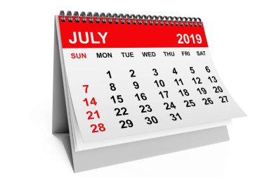 Takvim Temmuz 2019. 3d render