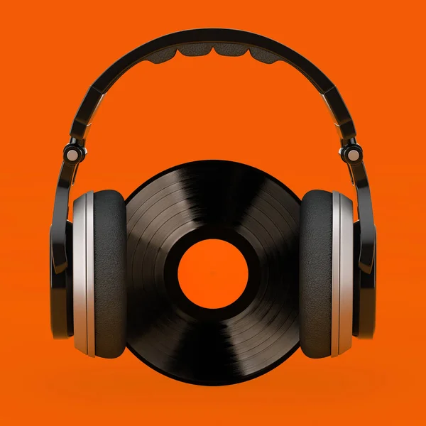 Écouteurs sur disque vinyle noir avec étiquette blanche. 3d Re — Photo