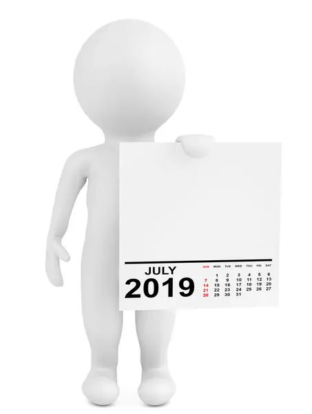 Charakter mit Kalender Juli 2019. 3D-Darstellung — Stockfoto