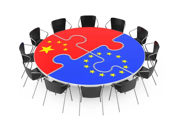 Sillas alrededor de una mesa en forma de rompecabezas y Unión Europea y Ch —  Fotos de Stock