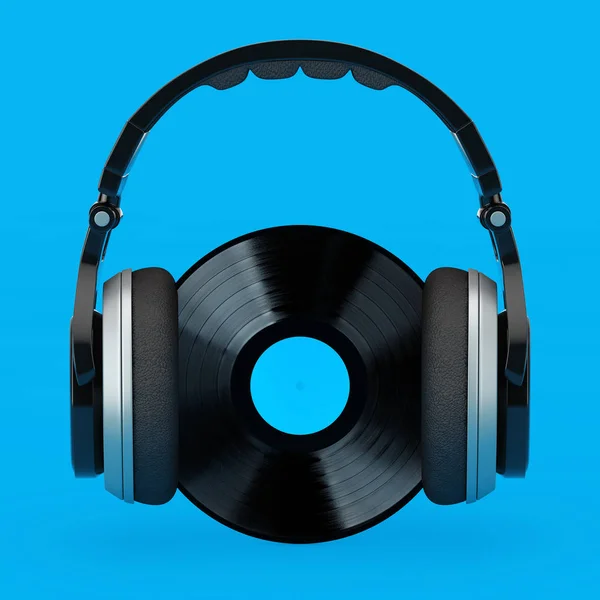 Headphones Over Black Vinyl Record with White Blank Label. 3d Re — Stock Photo, Image