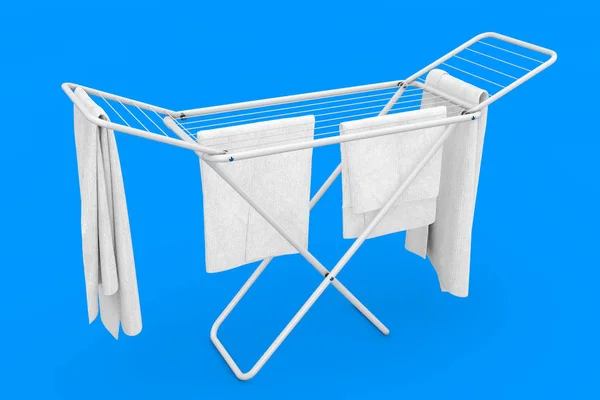 Ropa sobre estante de secado de ropa metálica plegable blanca. 3d Renderi —  Fotos de Stock