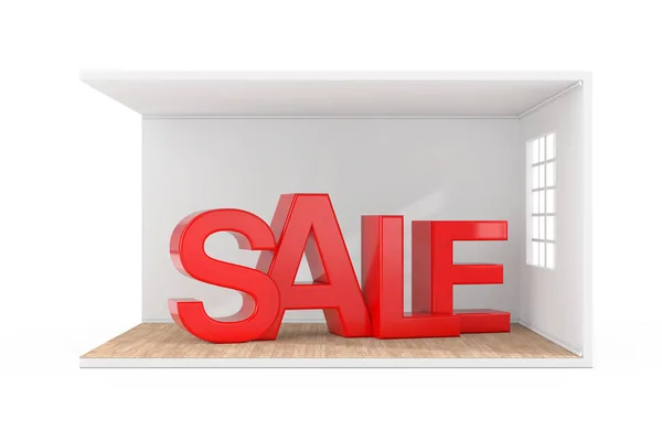 Sprzedaż znak w pokoju wnętrze z dużym oknem i drewnianym parkiecie — Zdjęcie stockowe