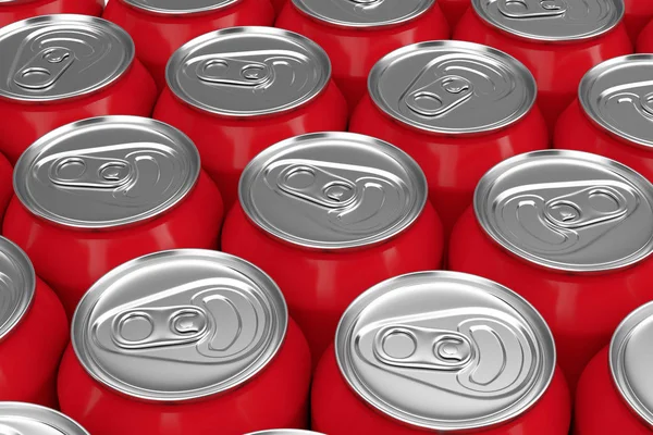 Linhas de alumínio vermelho latas de bebida fundo. Renderização 3d — Fotografia de Stock