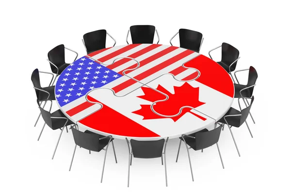 Stoelen rond een tafel in puzzels vorm en USA en Canada vlaggen. — Stockfoto