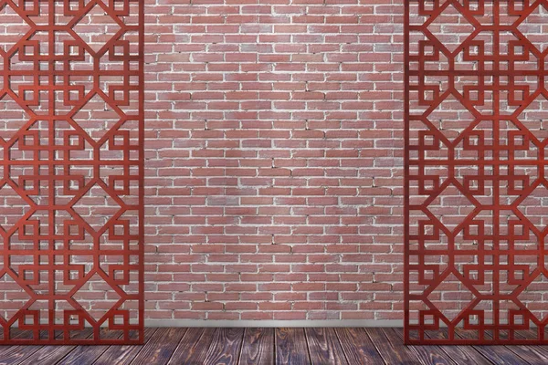 Tela de madeira vermelha do divisor do teste padrão no estilo árabe ou chinês. 3d — Fotografia de Stock