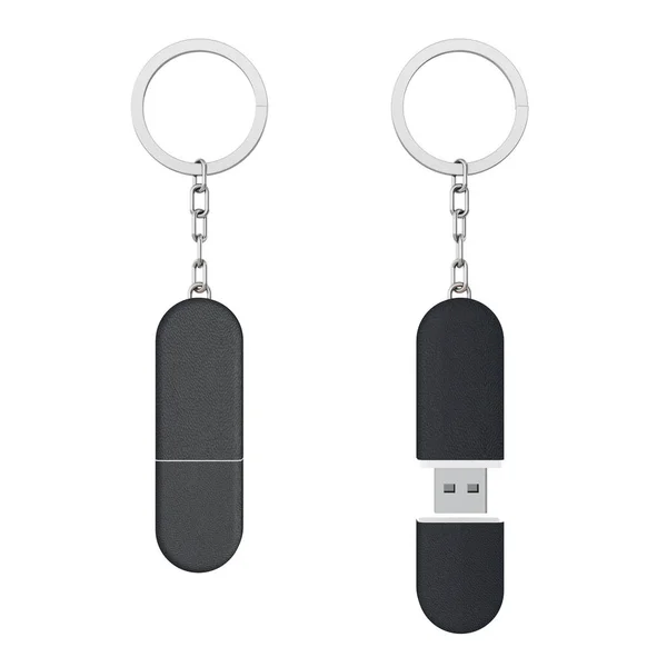 Czarny skóra USB błysk pamięć przejażdżka klucz łańcuch Mockup. Renderowanie 3D — Zdjęcie stockowe