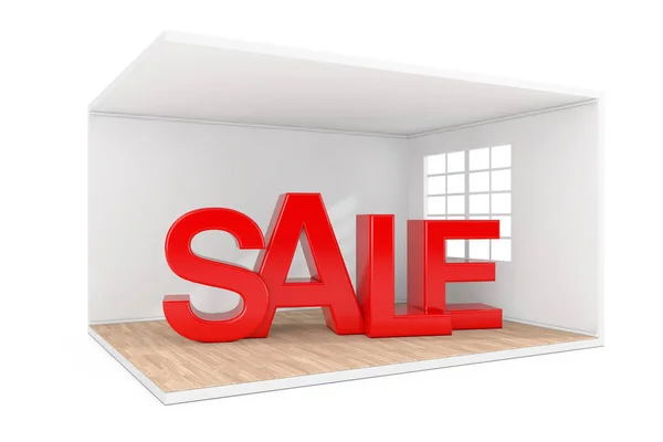 Sprzedaż znak w pokoju wnętrze z dużym oknem i drewnianym parkiecie — Zdjęcie stockowe